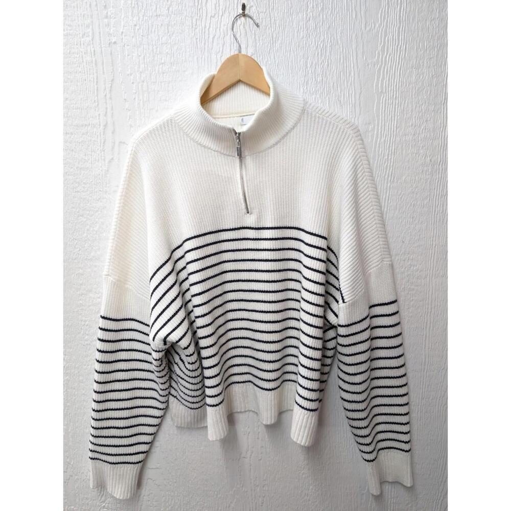MNG Mango Striped 1/4 Zip Pullover Boxy Oversized Sweater Preppy Size Large